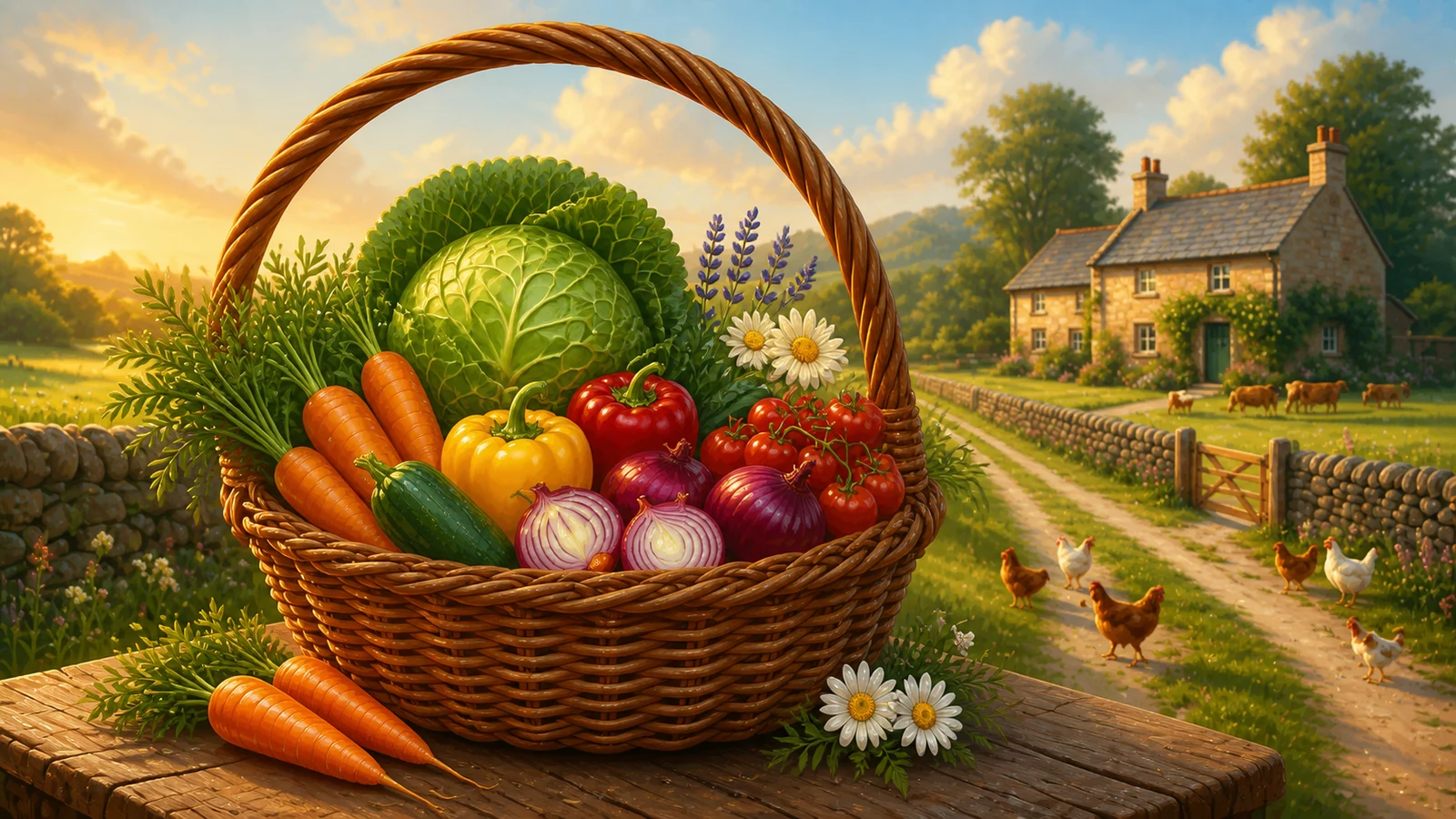 A basket of freshly picked vegetables on a farm gatepost.