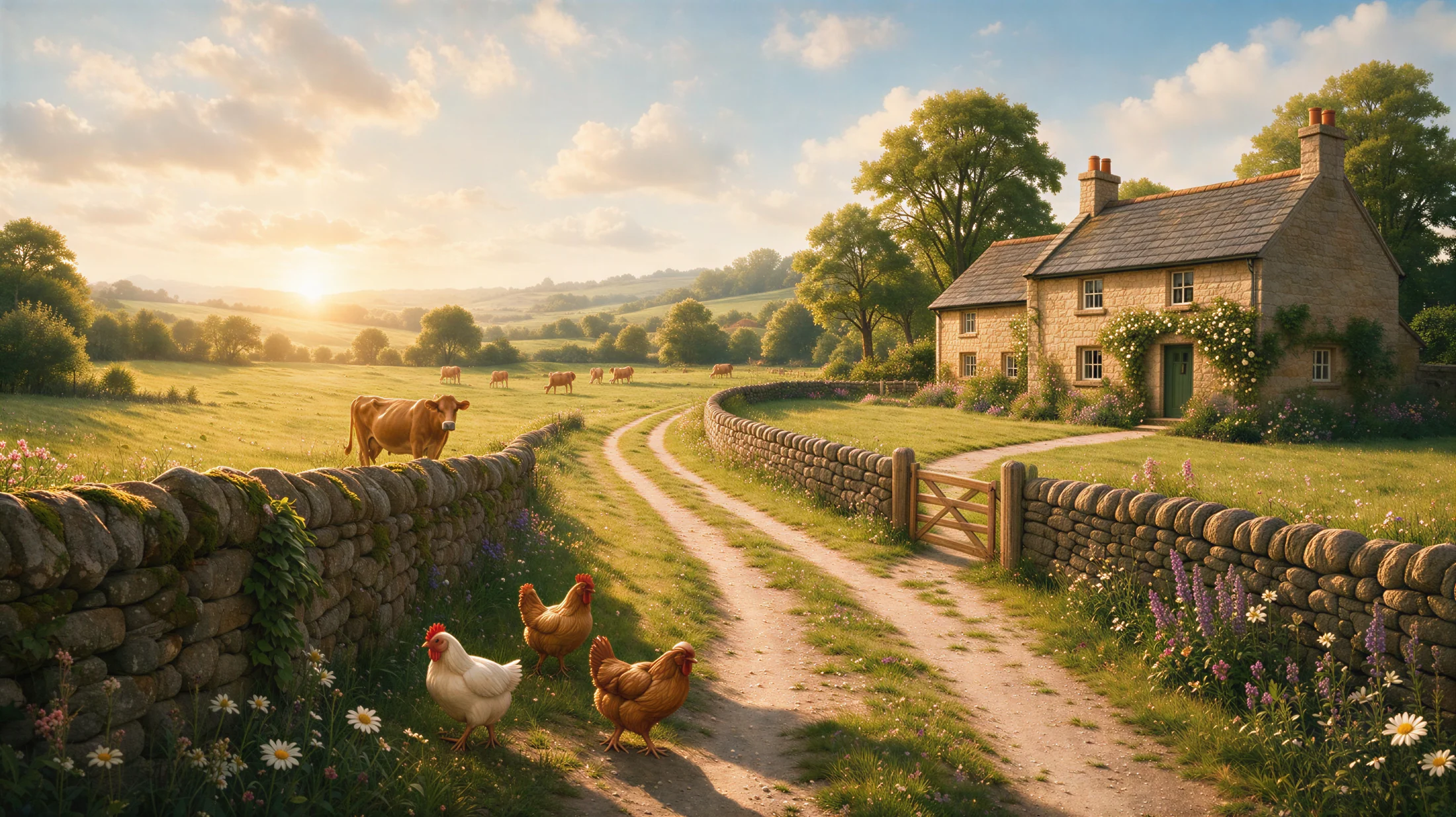 The farm at sunset — the track past the cottage, with cows in the meadow and hens on the path.