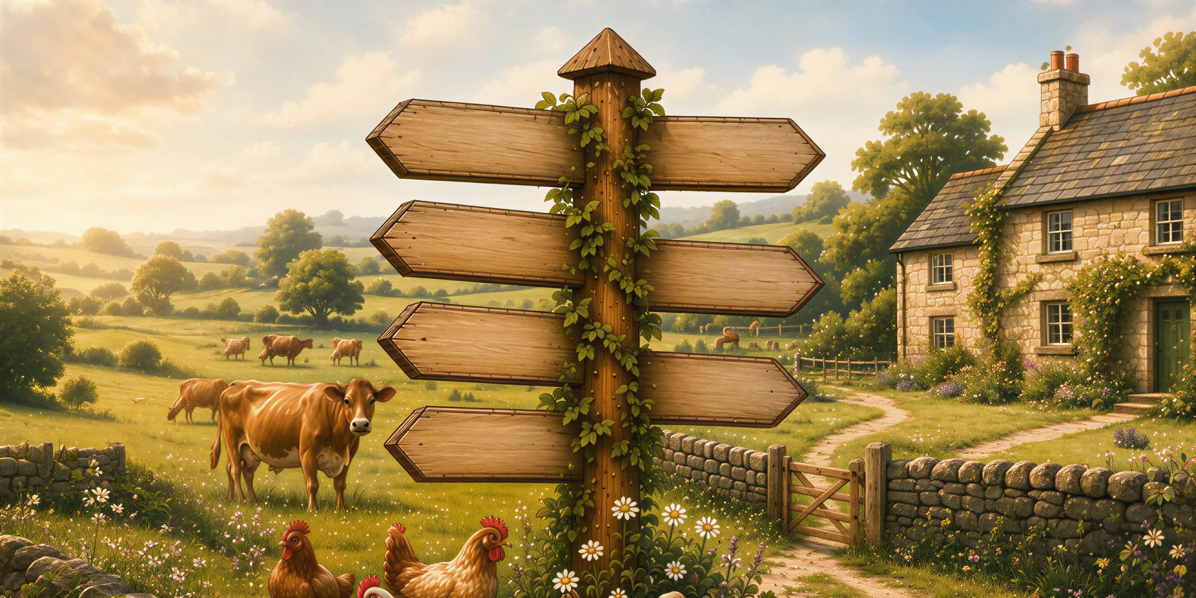 An English farmstead in summer: a wooden signpost in a wildflower meadow, grazing cows, hens on the path and a stone cottage.