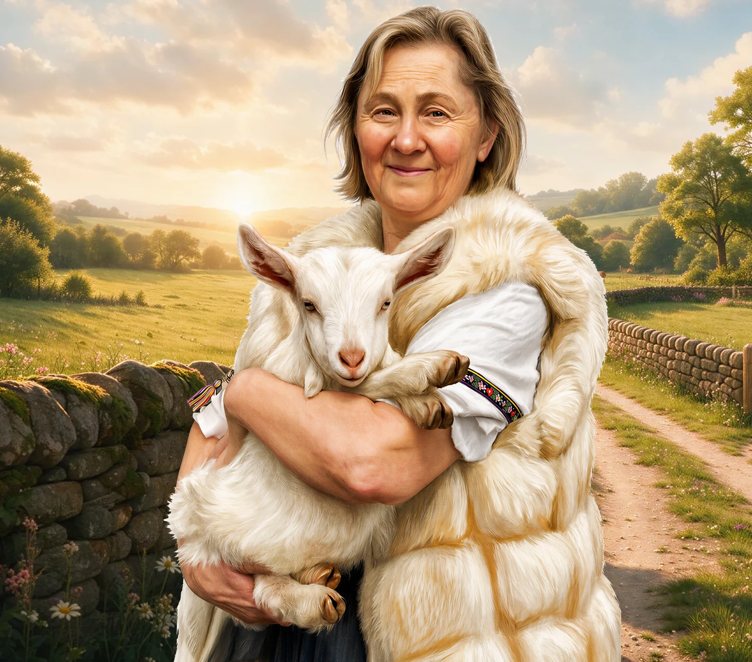 Dr Natasha Campbell-McBride on the farm, holding a goat kid.