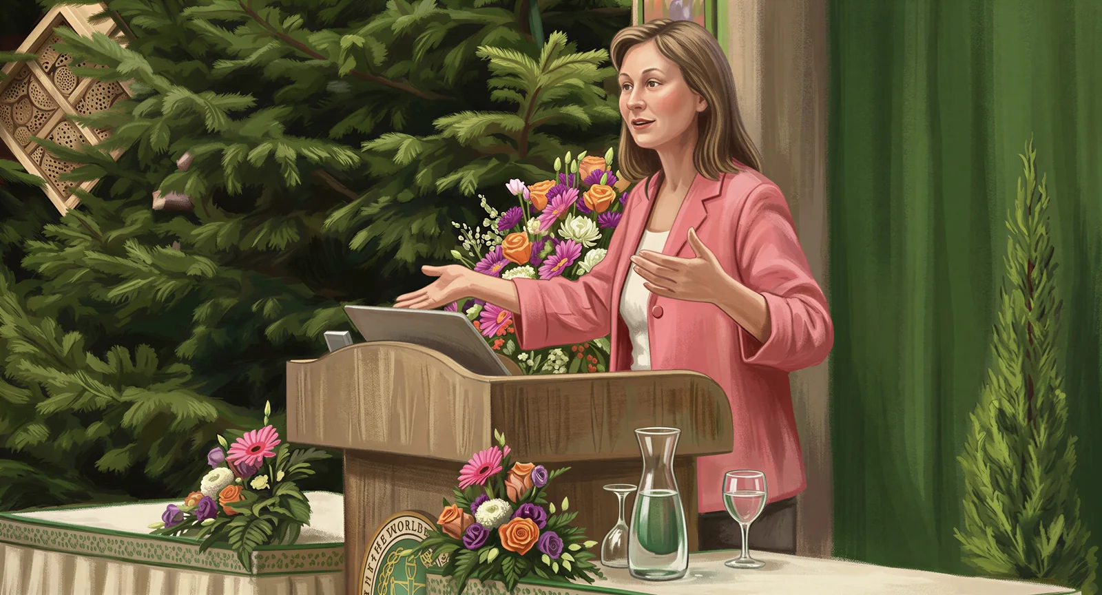 Dr Natasha speaking at an outdoor lectern banked with flowers, conifers behind her.