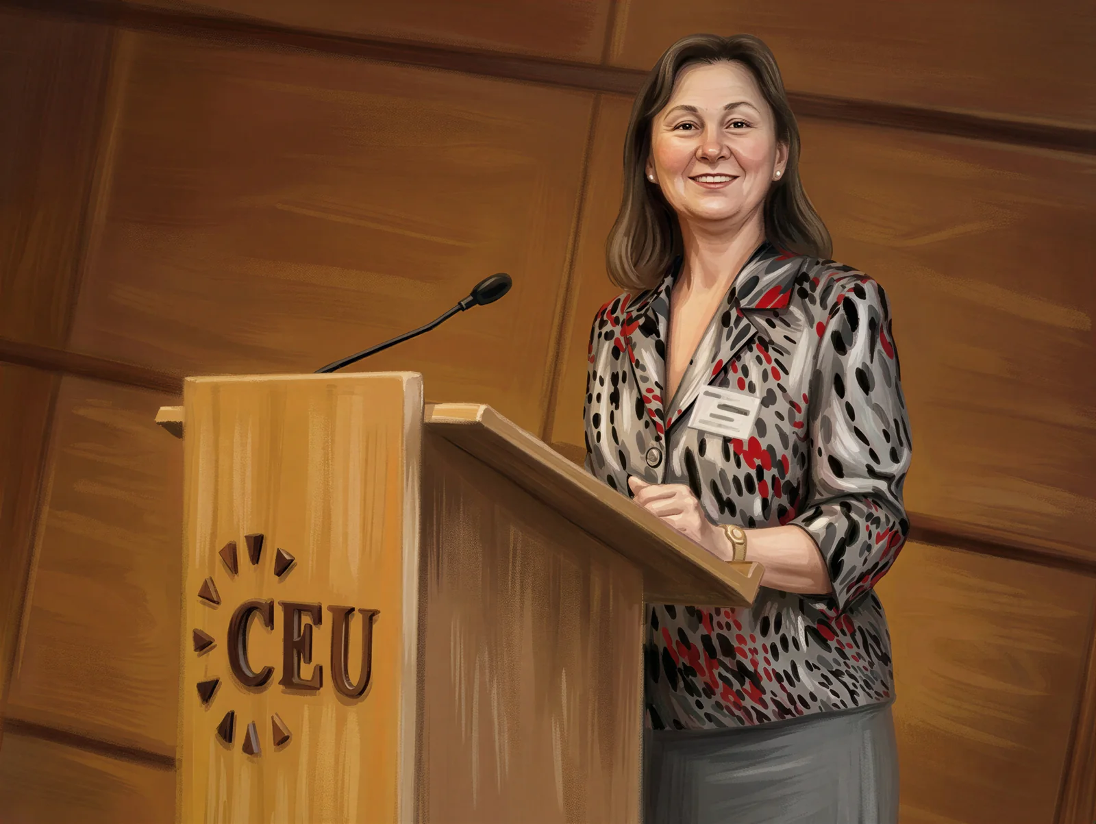 Dr Natasha presenting at a continuing-education lectern to an audience of practitioners.
