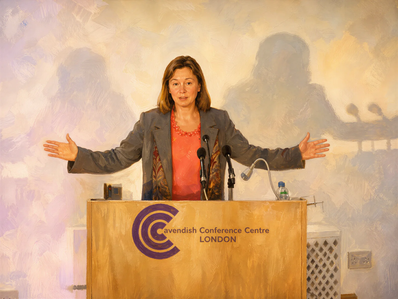 Dr Natasha Campbell-McBride speaking at a lectern at the Cavendish Conference Centre, London, arms open mid-sentence.